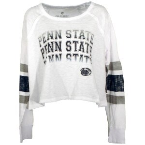women's white long sleeve cropped t-shirt with navy repeating Penn State above Athletic Logo